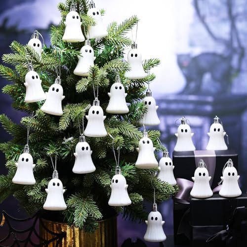 Lunmon 24 Pcs Classic Ghost Halloween Ornaments 2.2" Plastic with Rope