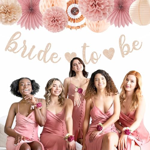 Blush-Pink Rose-Gold Bridal-Shower Party Decorations - 21pcs Bride to Be Sign Banner,Bachelorette Paper Lanterns Honeycomb,Wedding Streamers Garland,Fall Tissue Pom Poms Fans Decor Supplies Burgleda