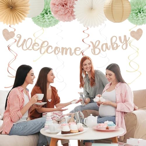 Sage-Green Pink-Beige Baby-Shower Party-Decorations - 36pcs Welcome Home Banner Sign,Girl Paper Lanterns,Neutral Streamers Garland,Boho Tissue Pom Poms Flowers Fans Backdrop Decor Burgleda