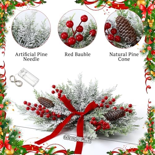 Giegxin 24 Inch Christmas Swags with LED Light Artificial Frosted Cedar Swag Decoration with Red Bow Red Berries and Pine Cones for Front Door Window Stair Fireplace Mantle Holiday Xmas Decor