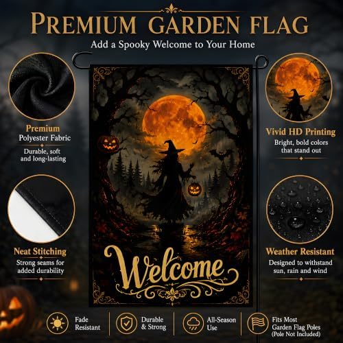 Halloween Decorations - Witch Full Moon Welcome Garden Flag for Outdoor