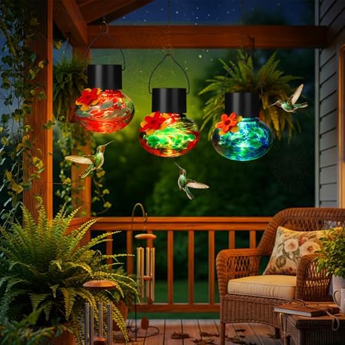Nuogo 3 Pcs Blown Glass Hummingbird Feeder Gift Solar LED, Color B, Classic