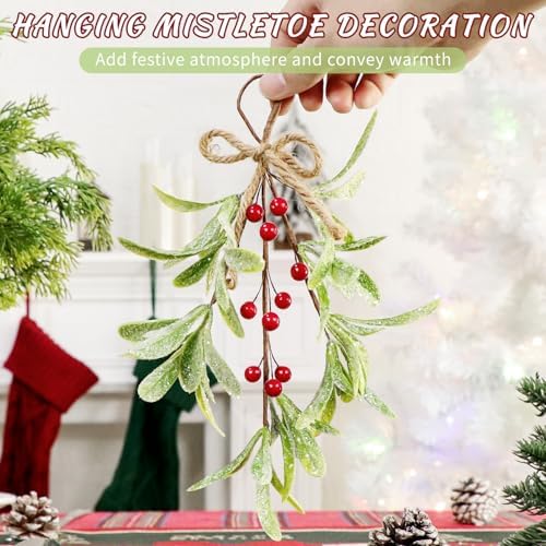 2 Pcs Frosted Mistletoe Hanging Decorations, 10.6'' Artificial Mistletoe Ornament Hanging Kissing Ball with Berry for Christmas Winter Holiday Decor (2, Red)