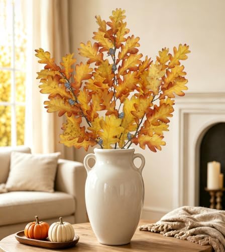 35" Long Faux Oak Leaf Stems with Acorns, 3Pcs Fall Stems for Vase Yellow