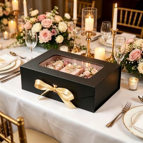 5 Pcs Black Gift Box for Presents with Ribbon 10.8x7.5x3.5 Inches Clear Gift Box with Window Magnetic Closure Gift Boxes with Lids