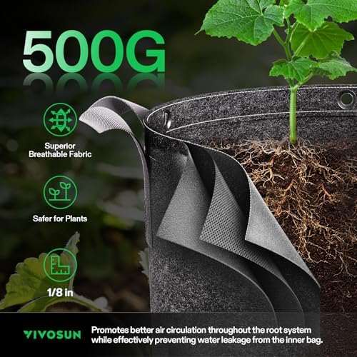 VIVOSUN 10-Pack 15 Gallon Grow Bags, 500G Thick Nonwoven Fabric Pots with Strap Handles, Multi-Purpose Rings, for Low