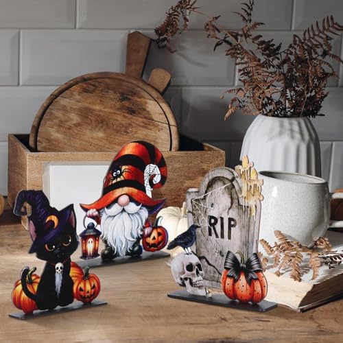 Yalikop 6 Pcs Wooden Halloween Table Top Decorations Retro Halloween Decor