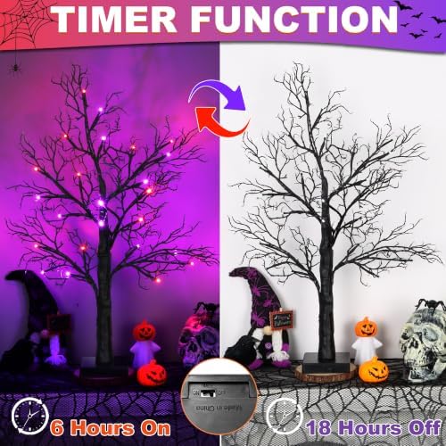 [Timer] 2 Pack Halloween Decorations Indoor, 24 Inch Lighted Black Halloween Tree with 24 Orange & Purple Lights, USB or Battery Powered Spooky Tabletop Tree for Home, Party, Fireplace & Holiday Decor
