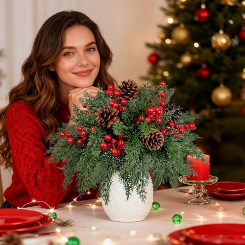 80pcs Artificial Christmas Pine Branches with Red Berry Stem Pine Cone Stem Norfolk Pine Stem Christmas Greenery Floral Pick for Christmas Tree Wreath Garland DIY Crafts Xmas Home Decoration