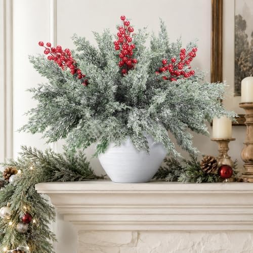 12 Pcs 16.5" Artificial Christmas Snow Pine Branches with Red Berry Stems