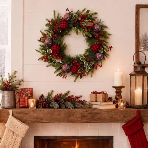 Tartan Plaid Christmas Wreath for Front Door Cedar Wreath with Holly Berry
