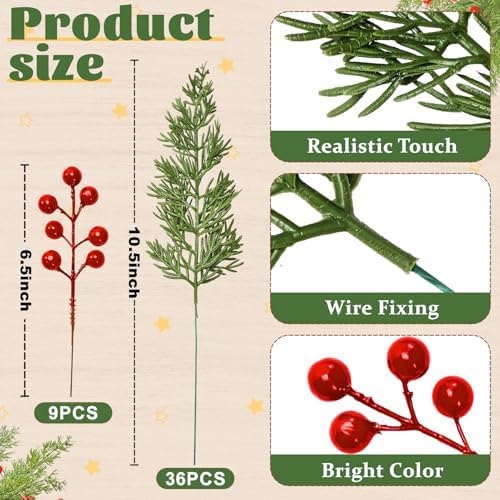 45PCS Artificial Christmas Pine Branches with Red Berry Stems