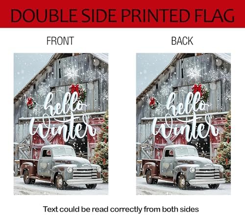Hello Winter Truck House Flag 28x40 Double Sided, Christmas Winter Large Garden Flags for Outside Xmas Holiday Seasonal Yard Decorations for Home