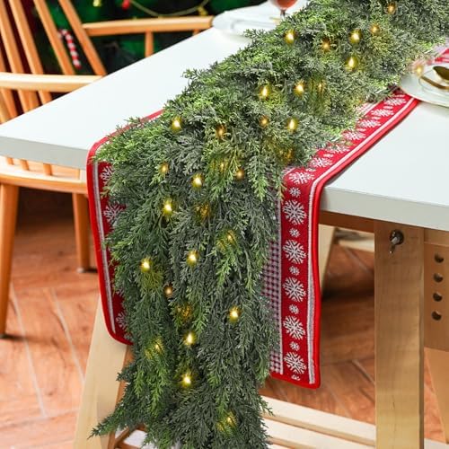 6FT Cedar Christmas Garland with Light, Extra Full Artificial Cedar Garland with 840 Tips, LED Lights with 8 Modes, Holiday Garland for Mantel, Staircase, Doorway