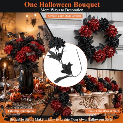 Halloween Black Burgundy Artificial Flowers Bouquet with Bat Accents