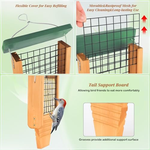 Gbekery Wooden Suet Feeder with Tail Prop for Outside Hanging, Green Roof