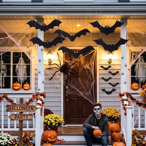 12pcs Halloween Hanging Bats | 1200 sqft Halloween Spider Webs and 50pcs Fake Spiders | Super Stretch Cobwebs Party Decorate for Halloweens Theme Indoor and Outdoor Decoration