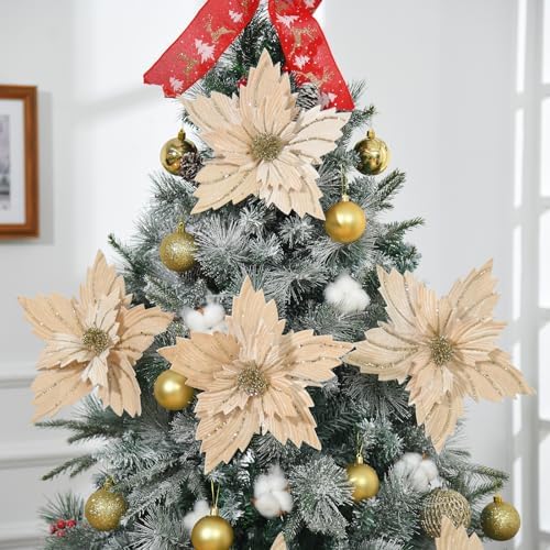 6 Pcs 12" Large Glitter Poinsettia Artificial Christmas Flowers with Stems Xmas Tree Wreath Ornaments New Year Home Wedding Party Decor (Champagne)