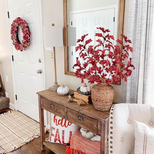 GnFlus 3 Pcs Fall Artificial Oak Leaves Branch Decor,Red,34‘’ Stems
