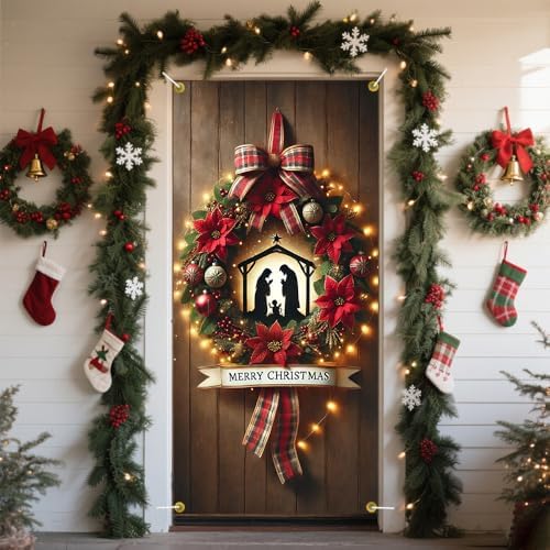 Nativity Scene Poinsettia Plaid Bow Christmas Door Cover 35x71in
