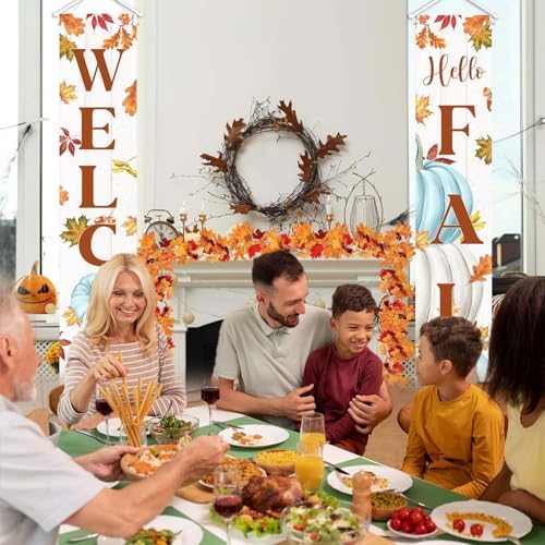 MEHOFOND Blue Pumpkin Maple Leaves Porch Banner Sign, Hello Fall Welcome Sign, 2-Pack, 71 x 12 Inches