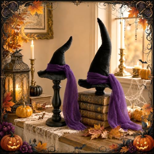 3 Pcs 3 Size Halloween Witch Hat Table Centerpiece with Purple Gauze Ribbon