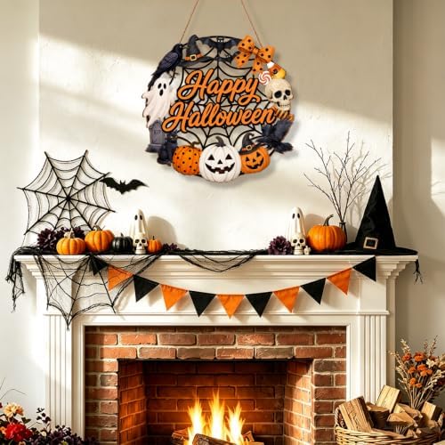 Halloween Wreath for Front Door Wooden Ghost Pumpkin Door Sign Wall Decor