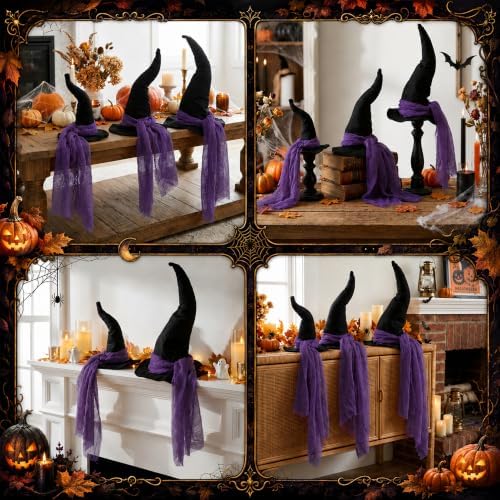3 Pcs 3 Size Halloween Witch Hat Table Centerpiece with Purple Gauze Ribbon