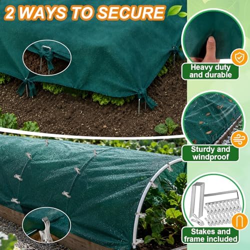 Plant Covers Freeze Protection, 6.5ft x 16ft 1.41 oz/yd² Frost Cloth Plant Blankets Floating Row Covers with 15 Stainless Steel Clips for Winter Plants Gardens Frost/Sun Pests Protection, Dark Green