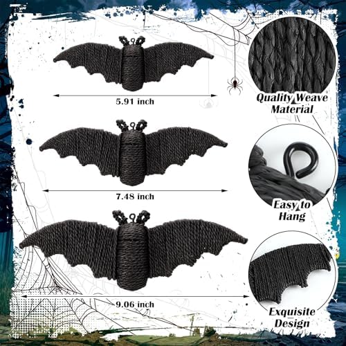 Beeveer 3 Pcs Woven Rattan Bat Wall Hanging Halloween Decor, 3D Scary Handcrafted Black Rope Bats, Rustic Natural Farmhouse Halloween Creepy Decorations for Home Fireplace Door, 9.06/7.48/5.91 Inch