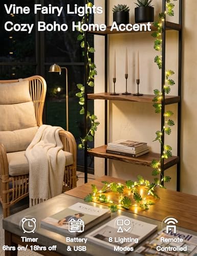 suddus 33FT Monstera Vines with Lights Battery & USB Powered Copper Wire