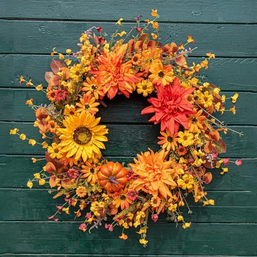 JINGHONG Artificial Fall Wreath 22 Inch Fall Wreaths for Front Door Autumn Flower Wreath with Sunflower Daisy Dahlia Pumpkin for Indoor Outdoor Window Wall Porch Harvest and Thanksgiving Celebration