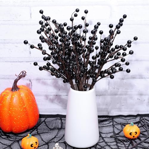 Whaline 12Pcs Halloween Artificial Berry Stem Branches Black Fake Berry Twigs for Indoor Outdoor Home Party DIY Crafts Supplies