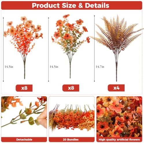 20 Pcs Artificial Fall Flowers for Outdoors Fake Mums, Mixed Orange