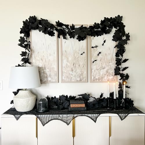 CQURE Black Maple Leaf Garland, 2PCS Halloween Garland Maple Leaves Fall Leaves Hanging Vines Halloween Thanksgiving Decor for Home Table Front Porch