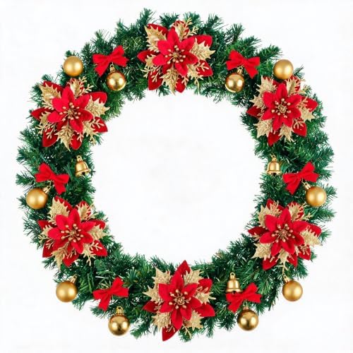 30PCS Artificial Christmas Poinsettia Flowers with Clips and Stems, 5.5 Inch Glitter red & Gold Xmas Tree Decorations, Holiday Poinsettia Picks Ornaments for Christmas Tree, Wreaths, Garlands & Home