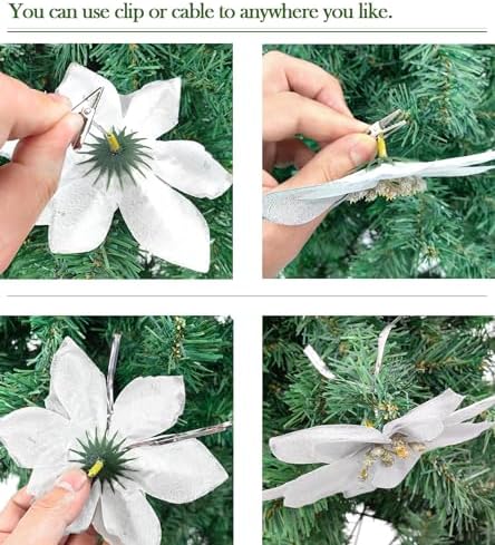 Gardeningwill 12Pcs 5 Inch Glitter Artificial Poinsettia Flowers with Ties for Wedding Christmas Festival Holiday Decor Xmas Wreath Garland Ornament Red