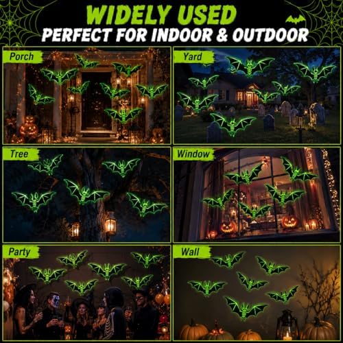 10PCS Glow in The Dark Halloween Bats, Upgraded Luminous PVC Hanging Bat Decorations, Waterproof Spooky Bat Wall Stickers for Indoor Outdoor Yard Porch Tree Window Halloween Decor
