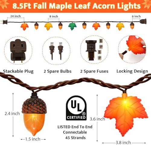 Couah Fall Decor String Lights, 8.5 FT 3D Maple Leaf & Acorn Lights with 10 LED Plug in Fall String Lights for Indoor and Outdoor Home Bedroom Autumn Party Harvest Fall Decorations