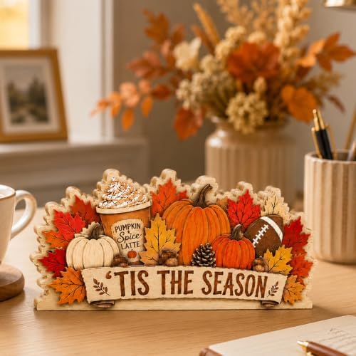 Fall Pumpkin Decor Wooden Sign, Tis the Season Football Tabletop Decor