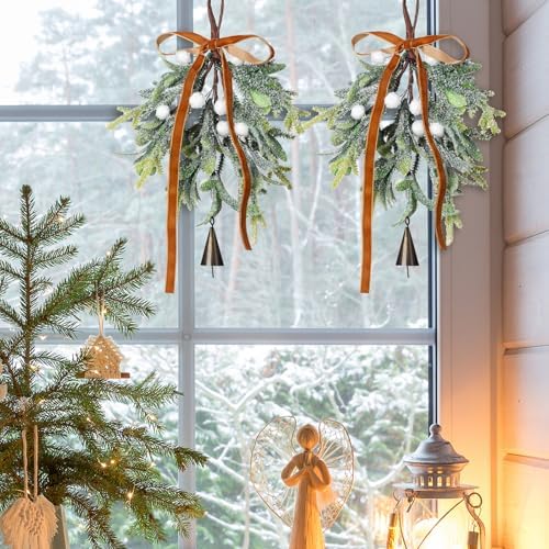 Suncalla 2 Pcs Christmas Mistletoe Ornament Artificial with Bow Bells
