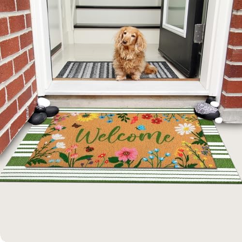 Tinideya 2 Pcs Summer Floral Doormat Outdoor Layered Wildflower Welcome Mat