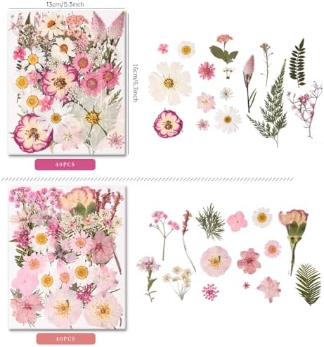 80PCS Pink Pressed Dried Flowers Dry Leaves with Tweezers