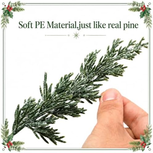 35Pcs Christmas Snow Pine Branches with Red Berries,Snowy Norfolk Pine Stem
