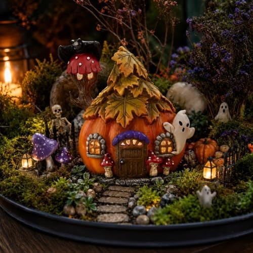Led Light Up Pumpkin Houses, Halloween Fairy Garden Decor