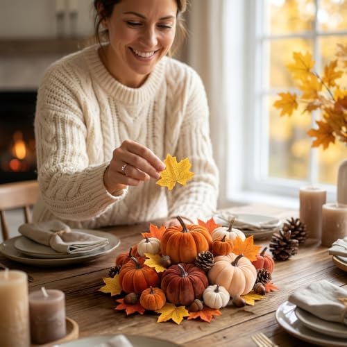 30 Pcs Velvet Fall Pumpkins Set with Leaves, Acorns & Pine Cones