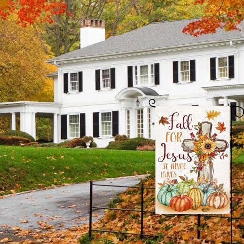 LosFong Christian Fall Garden Flag 12x18 Inch Double Sided Burlap Fall for Jesus He Never Leaves Maples Cross Pumpkin Thanksgiving Small Yard Flag for Outside Decoration (Fall)