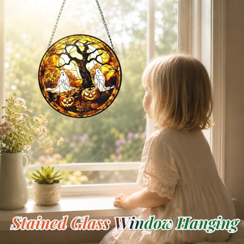 Ghosts Stained Glass Suncatcher Window Hanging Autumn Halloween Decoration