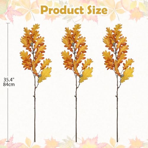 35" Long Faux Oak Leaf Stems with Acorns, 3Pcs Fall Stems for Vase Yellow