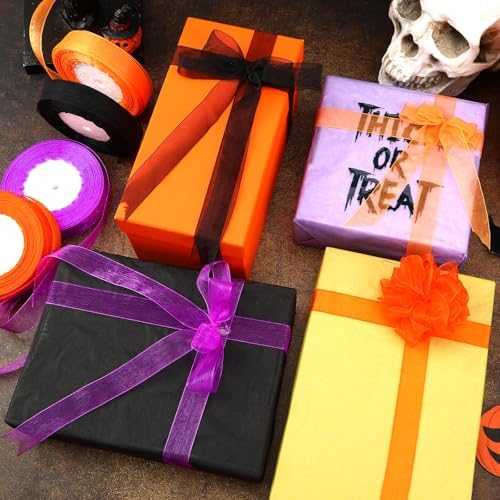 DECYOOL 4 Rolls 200 Yards Halloween Ribbon, Black and Orange Organza Set